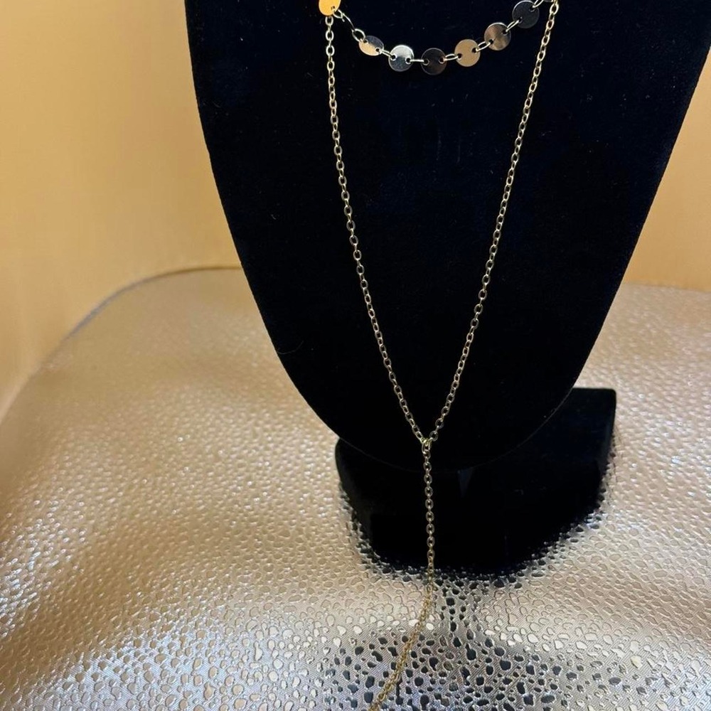 Gold Layered Necklace Bar Pendant Multi Strand Disc Chain Lariat Women Jewelry